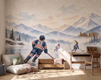 Nursery Wallpaper Ice Hockey: Watercolor Kids Wall Mural, Player Number 21 on Frozen Lake, Navy Jersey, Mountains and Pines, Custom Size