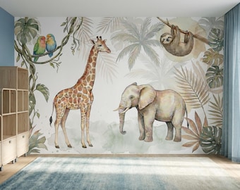 May include: A whimsical jungle-themed wall mural featuring a giraffe, elephant, and sloth amidst lush foliage. The mural includes colorful birds and a soft, neutral color palette, creating a serene and playful atmosphere.