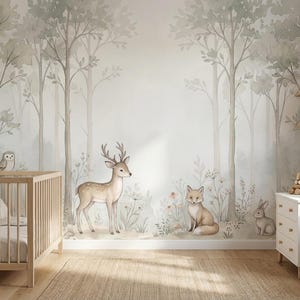 Fototapete Waldtiere Kinderzimmer: Boho Woodland Tapete Bär Reh Hase, Vliestapete Babyzimmer Neutral Vliestapete Wandbild