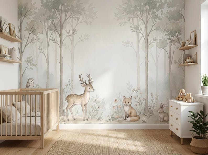 Fototapete Waldtiere Kinderzimmer: Boho Woodland Tapete Bär Reh Hase, Vliestapete Babyzimmer Neutral Vliestapete Wandbild