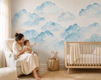 Cloud Nursery Wallpaper: Watercolor Blue & Pink Clouds Wall Mural, Dreamy Sky Baby Room Decor, Non-Woven Paste the Wall Wallpaper