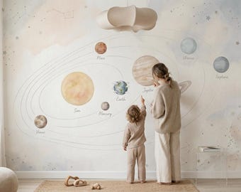 Carta da parati del sistema solare per la cameretta, murale spaziale per la stanza dei bambini, carta da parati educativa sui pianeti, decorazione per la cameretta dei neonati, carta da parati spaziale per la stanza dei bambini