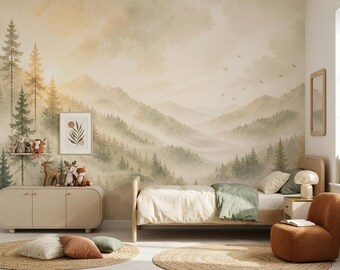 Puede incluir: Una escena de dormitorio serena con un mural de paisaje montañoso en tonos apagados. La habitación incluye una cama con ropa de cama crema y una manta verde, un gabinete beige con animales de peluche y un sillón marrón. Una impresión botánica enmarcada cuelga en la pared.
