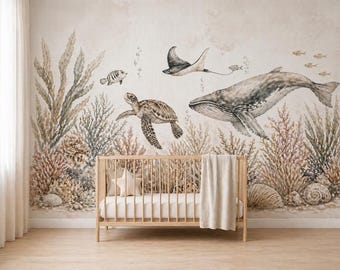 Papel pintado con temática oceánica para habitación infantil, mural de ballenas, decoración de animales marinos para habitación infantil, papel pintado de tortugas para habitación de bebé, habitación infantil costera en tonos neutros