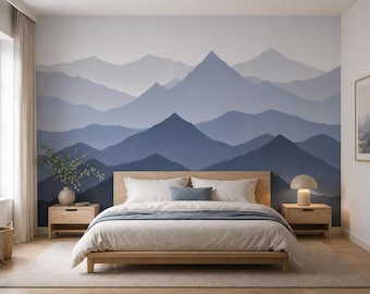 Teen Bedroom Wallpaper Blue Mountain Wall Mural, Minimalist Scandinavian Wall Art, Modern Boys Room Decor, Neutral Teenager Bedroom Print