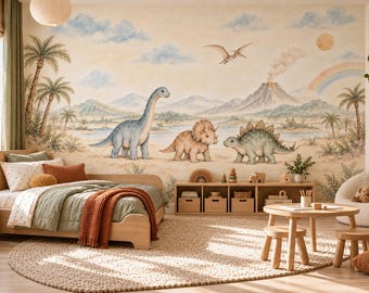 Puede incluir: Un mural de pared que muestra un paisaje prehistórico con un dinosaurio azul de cuello largo, un triceratops marrón y un estegosaurio verde. La escena incluye palmeras, montañas, un volcán, un pterodáctilo volador y un arcoíris.