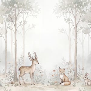 Boho Woodland Wallpaper: Forest Animals Deer Bear Bunny Moon Mural, Neutral Earthy Nursery Decor, Sc Wallpaper Wall Mural
