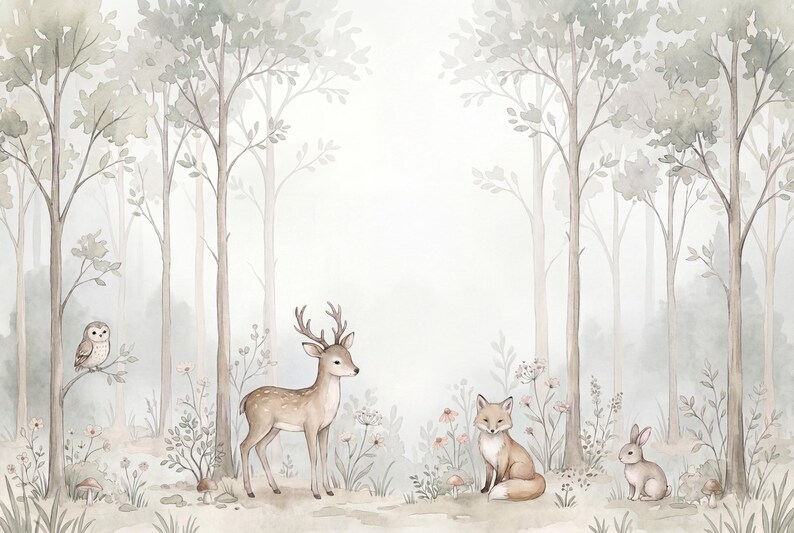 Boho Woodland Wallpaper: Forest Animals Deer Bear Bunny Moon Mural, Neutral Earthy Nursery Decor, Sc Wallpaper Wall Mural