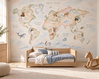 May include: A wall mural featuring a world map with watercolor-style continents, oceans, and various animals placed in their native regions. The map includes text labels for oceans, continents, and regions, with a soft, muted color palette.