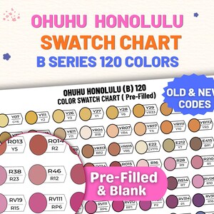Può includere: Un campionario di colori con la scritta "OHUHU HONOLULU B SERIES 120 COLORS". Il grafico include una varietà di campioni di colore precompilati con i codici corrispondenti. Una lente d'ingrandimento mostra un primo piano dei campioni di colore.