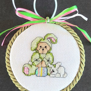Finished Cross Stitch Ornament Easter Bunny Bear Green