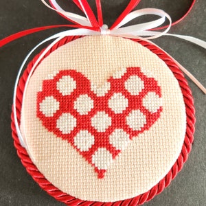Completed Cross Stitch Ornament Valentine Poka Dot Heart