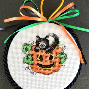 Completed Cross Stitch Ornament Halloween Cat Pumpkin