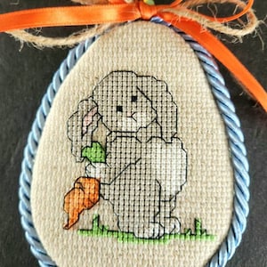 Completed Cross Stitch Ornament Easter Bunny Carrot