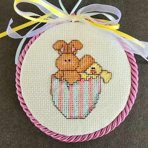 Completed Cross Stitch Ornament Easter Bunny Chick Egg