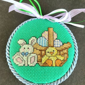 Completed Cross Stitch Ornament Easter Bunny Chick Basket