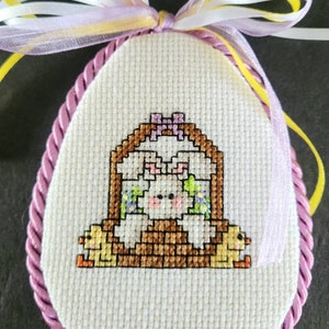 Completed Cross Stitch Ornament Easter Basket Bunny