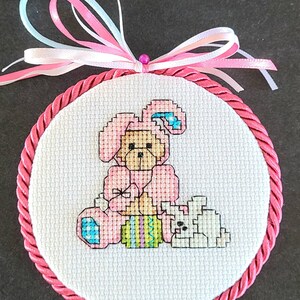 Finished Cross Stitch Ornament Easter Bunny Bear Pink