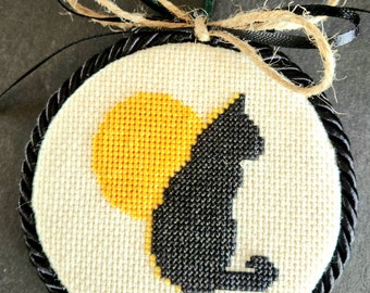 Completed Cross Stitch Ornament Halloween Black Cat