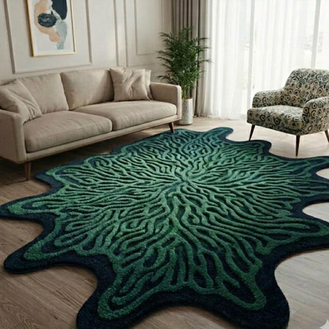 Navy Blue Green Irregular Hand Tufted Rug, Abstract Wool Area Rugs for ...