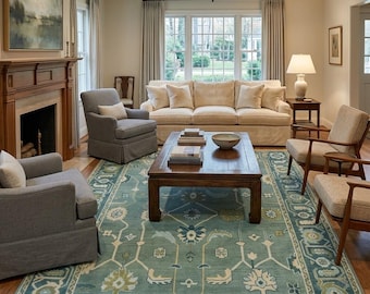 Handmade Emerald Green Tree of Life Wool Rug – Traditional Floral Oriental Carpet