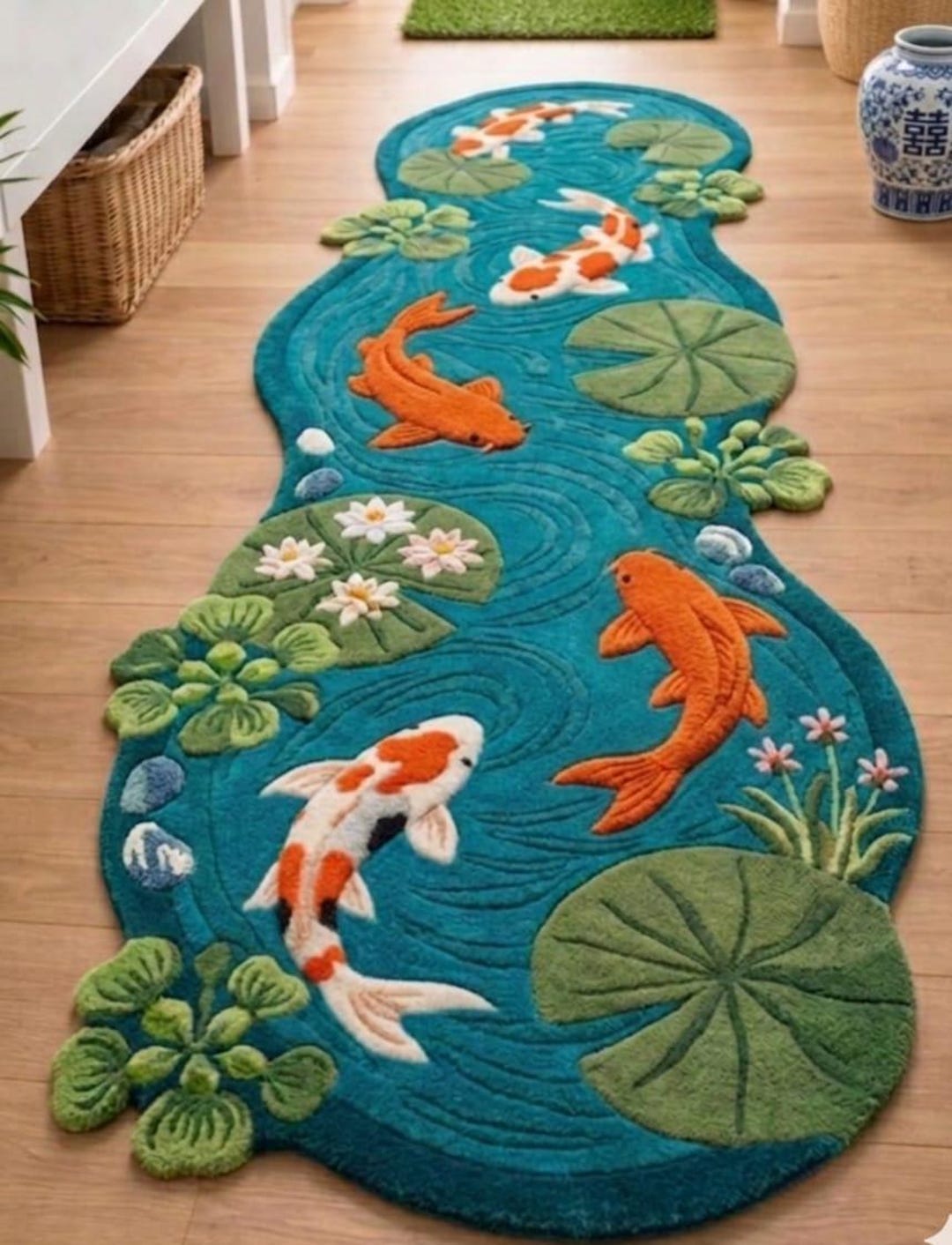 Pond Colors Rug Hand-tufted Koi Fish Pond Rug – 3D Water Lily Runner, Nature Inspired ...