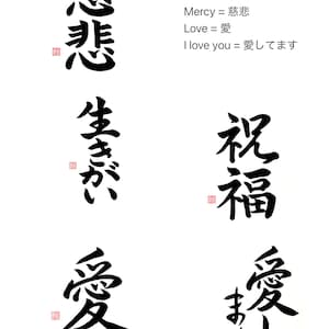 以下が含まれることがあります： 白地に黒インクで書かれた日本の書道。画像には、「Ikigai」、「Grace」、「Mercy」、「Love」などの漢字がいくつか表示されています。英語の翻訳は、日本語の文字の横に表示されています。