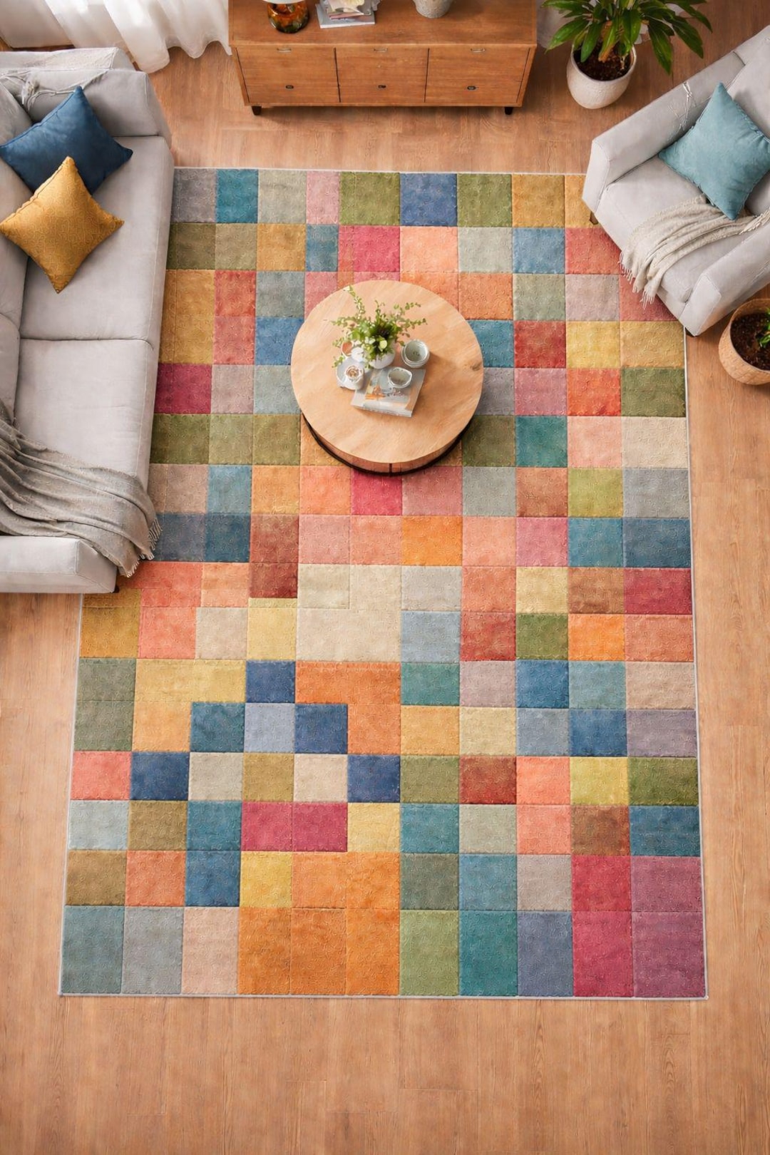 Modern Multicolor Tile Pattern Rug – Bright & Cozy Living Room Carpet ...