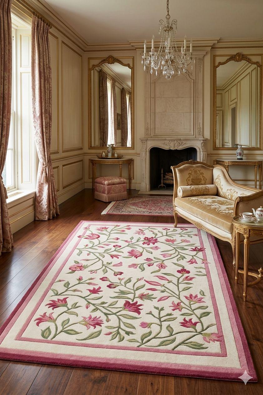 Blush Floral Hand Tufted Rug, Botanical Wool Area Rug, Pink Flower ...