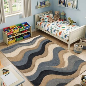 Alfombra moderna ondulada - Alfombra con estampado abstracto de ondas para sala de estar - Alfombra con mechones en crema, beige, gris y negro - Decoración de lujo contemporánea para el hogar