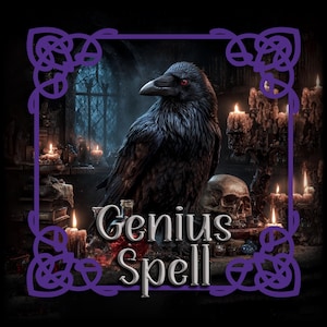 May include: A digital illustration featuring a black raven with red eyes, perched in a dimly lit room with candles and a skull. The text "Genius Spell" is displayed in a stylized font, framed by a purple Celtic knot border.