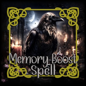 Könnte beinhalten: Digitales Kunstwerk mit einem großen schwarzen Raben vor dem Hintergrund einer mondbeschienenen Bibliothek mit Kerzen. Der Text "Memory-Boost Spell" wird in einer stilisierten Schriftart angezeigt, umrahmt von keltischen Knotenmustern.