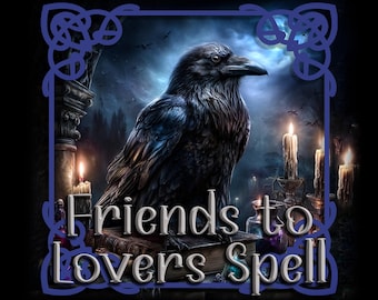 May include: Digital artwork depicting a black raven on books, with the text "Friends to Lovers Spell." The background shows a dark, moonlit scene with lit candles and a decorative blue border.