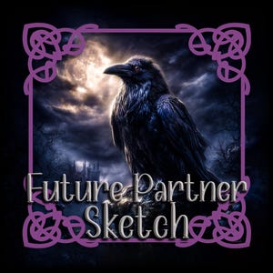 May include: Digital art featuring a black raven perched against a backdrop of a full moon and a dark, gothic landscape. The image is framed with a purple Celtic knot border and includes the text "Future Partner Sketches".