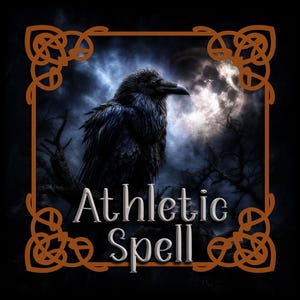 Może przedstawiać: Cyfrowa grafika przedstawiająca czarnego kruka siedzącego na gałęzi na tle księżycowego nieba. Tekst "Athletic Spell" jest wyświetlany w stylizowanej czcionce, obramowany ozdobną ramką.