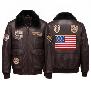 May include: A dark brown leather bomber jacket with a black faux fur collar, featuring various racing-themed patches including 'Team Velocity', 'Championship', and 'Fast Oil'. The back displays a large United States flag patch and checkered flags.