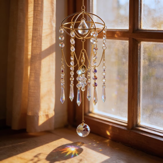 Golden Crystal Suncatcher Prism, Rainbow Maker Window Hanging,  Celestial Sun Catcher, Housewarming Gift for Her, Light Catcher Art