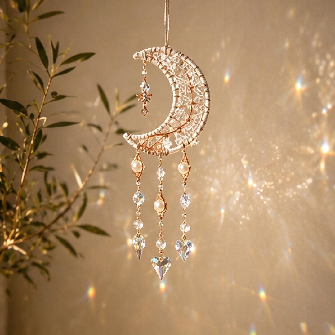 Crystal Moon Suncatcher, Rainbow Maker Window Chime, Crescent Moon ...