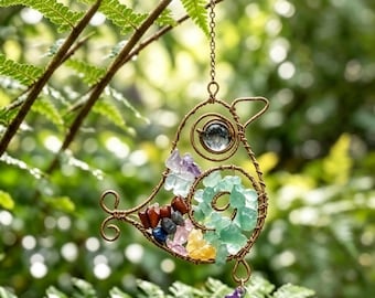 Wire Wrapped Bird Suncatcher with Natural Gemstones, Rainbow Maker Crystal Prism, Garden Decor Window Hanging, Nature Lover Gift