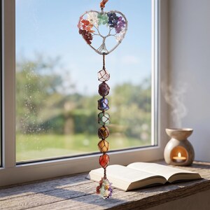 7 Chakra Tree of Life Suncatcher, Healing Crystal Window Hanging, Boho Home Decor, Macrame Stone Wall Decor, Meditation Room Decor