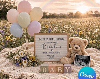 Faire-part de bébé arc-en-ciel simple Modèle canva modifiable pour les sexes neutres Prairie de fleurs sauvages