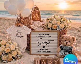 Nous avons gardé un peu le secret Modèle de faire-part de grossesse Révélation pour bébé en toile Coastal Sunset