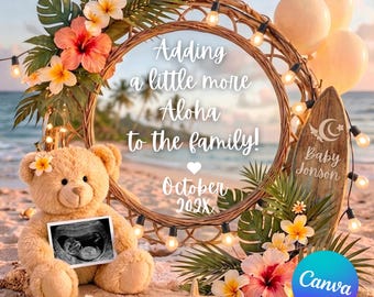 Simple Summer Pregnancy Announcement Template Coastal Surfboard Neutral Gender Canva Reveal