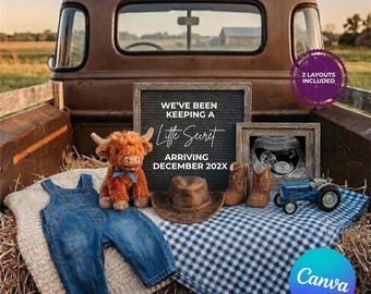 Szablon ogłoszenia o ciąży Little Secret Western Cowboy Canva Rustic Farm USG