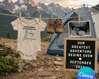 Neutral Pregnancy Announcement Template Our Greatest Adventure Begins Soon Hiking Club Mountain Canva Reveal