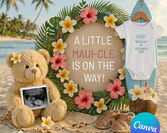 Coastal Neutral Baby Beach Pregnancy Announcement Template Surfboard Teddy Bear Digital Ultrasound Canva Reveal