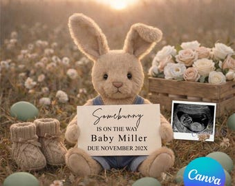 Somebunny is onderweg Sjabloon zwangerschapsaankondiging Paashaas Canva Echografie Neutraal geslachtsonthulling