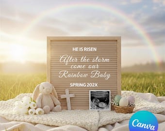 Anuncio digital del bebé arcoíris de Pascua: "Ha resucitado". Cristiano después de la tormenta. Redes sociales.
