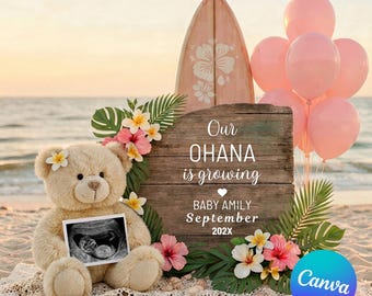 Simple Beach Pregnancy Announcement Template Coastal Surfboard Baby Girl Canva Reveal