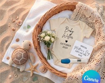 Modelo de anúncio de gravidez para o Dia das Mães: Revelação do bebê na praia (Download digital)